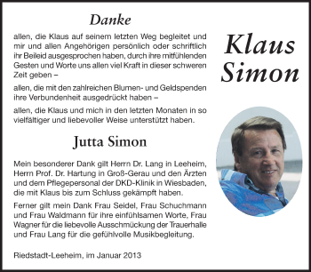 Traueranzeige von Klaus Simon von Rüsselsheimer Echo, Groß-Gerauer-Echo, Ried Echo