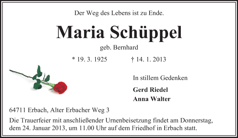  Traueranzeige für Maria Schüppel vom 21.01.2013 aus Odenwälder Echo