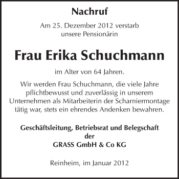 Traueranzeige von Erika Schuchmann von Echo-Zeitungen (Gesamtausgabe)