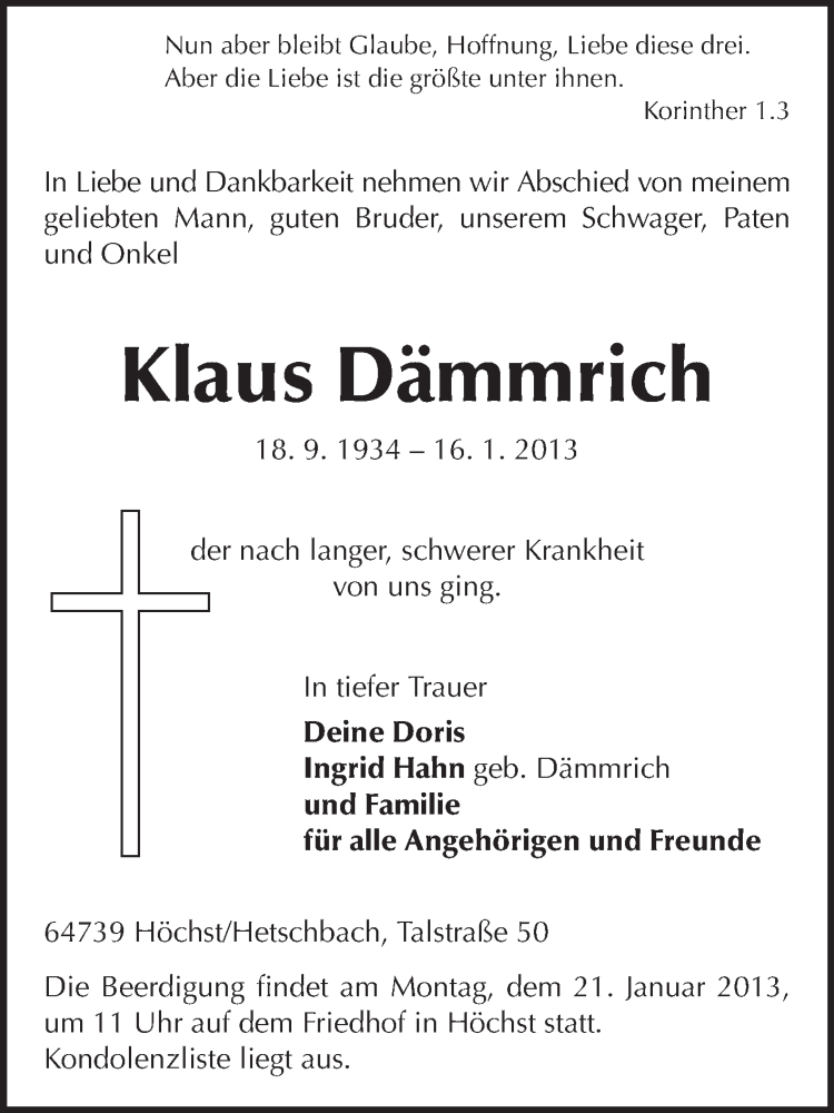  Traueranzeige für Klaus Dämmrich vom 19.01.2013 aus Echo-Zeitungen (Gesamtausgabe)