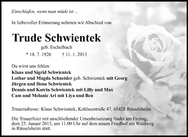  Traueranzeige für Trude Schwientek vom 19.01.2013 aus Rüsselsheimer Echo, Groß-Gerauer-Echo, Ried Echo