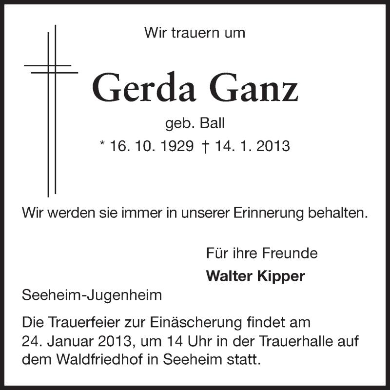 Traueranzeige für Gerda Ganz vom 19.01.2013 aus Echo-Zeitungen (Gesamtausgabe)