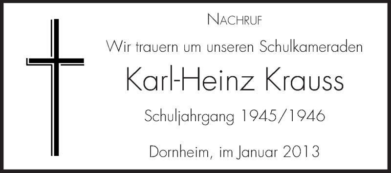  Traueranzeige für Karl-Heinz Krauss vom 18.01.2013 aus Rüsselsheimer Echo, Groß-Gerauer-Echo, Ried Echo
