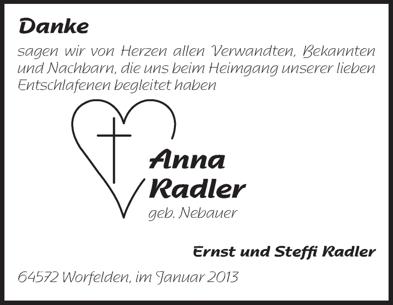  Traueranzeige für Anna Radler vom 19.01.2013 aus Rüsselsheimer Echo, Groß-Gerauer-Echo, Ried Echo