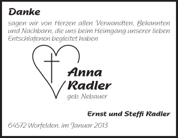 Traueranzeige von Anna Radler von Rüsselsheimer Echo, Groß-Gerauer-Echo, Ried Echo