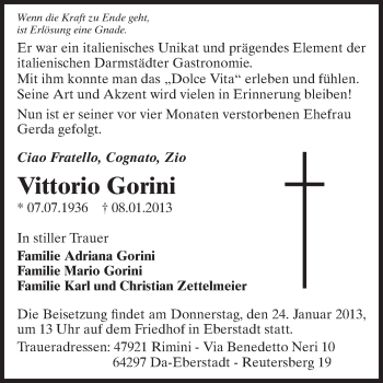 Traueranzeige von Vittorio Gorini von Echo-Zeitungen (Gesamtausgabe)
