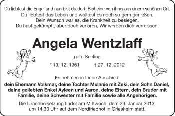 Traueranzeige von Angela Wentzlaff von Echo-Zeitungen (Gesamtausgabe)