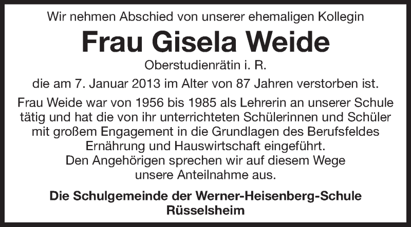  Traueranzeige für Gisela Weide vom 19.01.2013 aus Rüsselsheimer Echo, Groß-Gerauer-Echo, Ried Echo