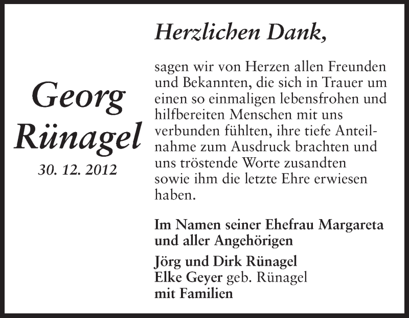 Traueranzeige für Georg Rünagel vom 18.01.2013 aus Echo-Zeitungen (Gesamtausgabe)