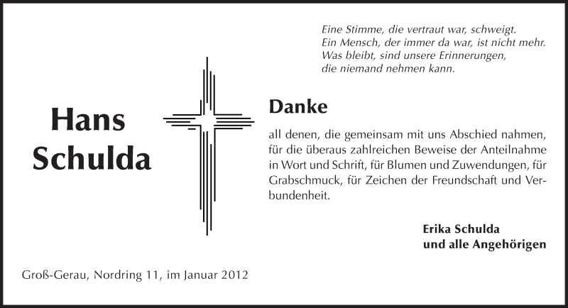  Traueranzeige für Hans Schulda vom 19.01.2013 aus Rüsselsheimer Echo, Groß-Gerauer-Echo, Ried Echo