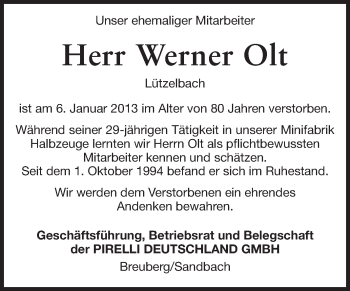 Traueranzeige von Werner Olt von Odenwälder Echo