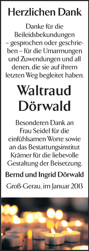  Traueranzeige für Waltraud Dörwald vom 19.01.2013 aus Rüsselsheimer Echo, Groß-Gerauer-Echo, Ried Echo