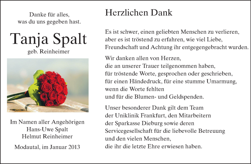  Traueranzeige für Tanja Spalt vom 19.01.2013 aus Echo-Zeitungen (Gesamtausgabe)