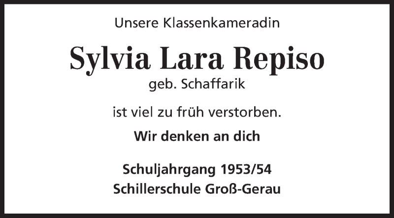  Traueranzeige für Silvia Lara Repiso vom 19.01.2013 aus Rüsselsheimer Echo, Groß-Gerauer-Echo, Ried Echo
