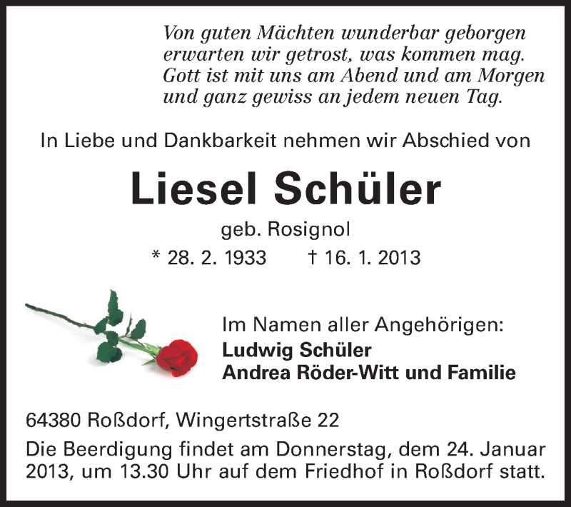  Traueranzeige für Liesel Schüler vom 19.01.2013 aus Echo-Zeitungen (Gesamtausgabe)