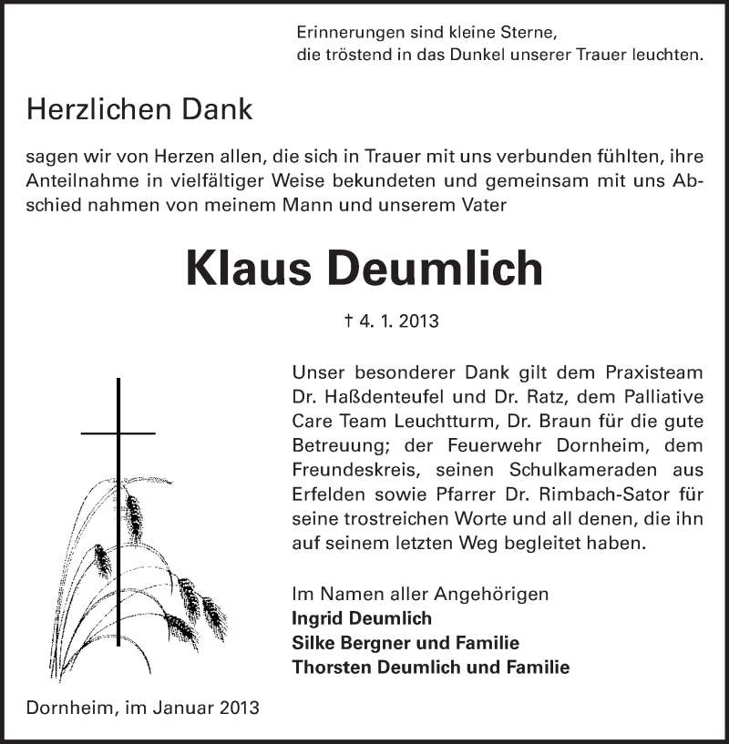  Traueranzeige für Klaus Deumlich vom 19.01.2013 aus Rüsselsheimer Echo, Groß-Gerauer-Echo, Ried Echo