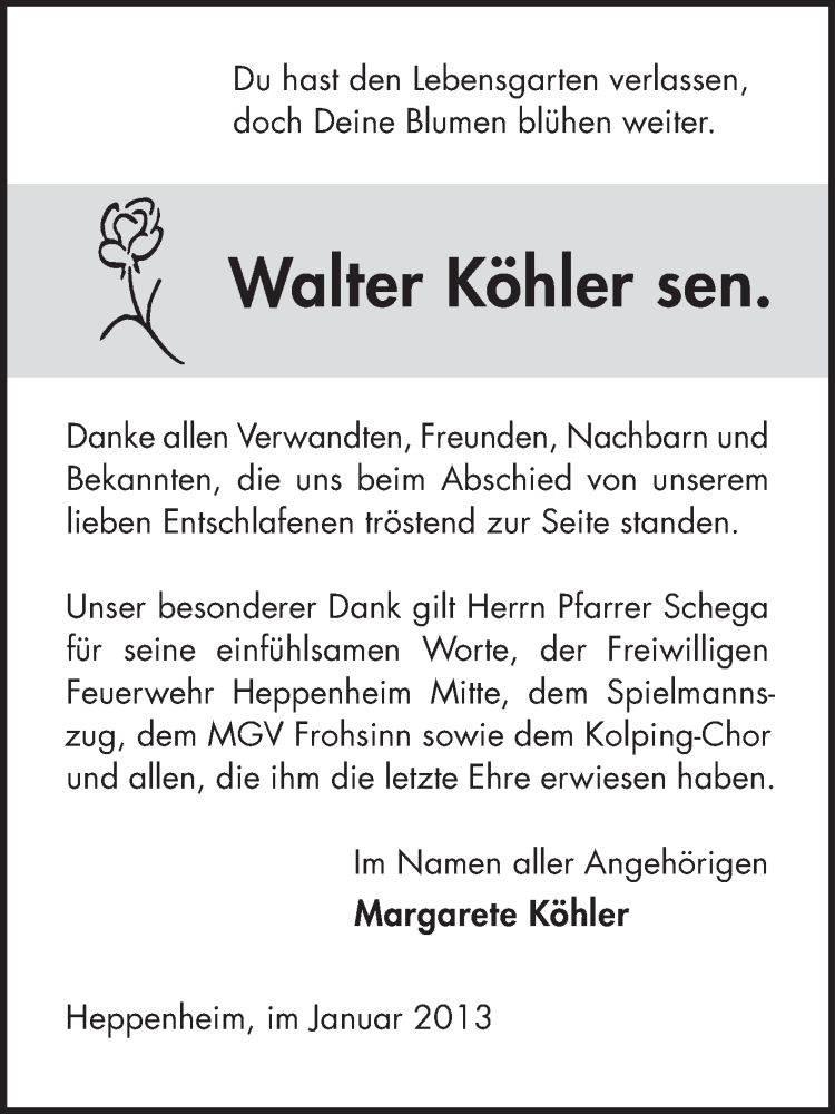  Traueranzeige für Walter Köhler vom 19.01.2013 aus Starkenburger Echo