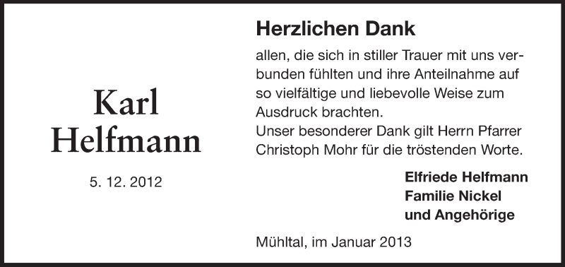  Traueranzeige für Karl Helfmann vom 19.01.2013 aus Echo-Zeitungen (Gesamtausgabe)
