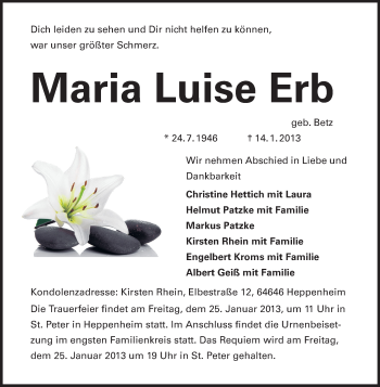 Traueranzeige von Maria Luise Erb von Starkenburger Echo