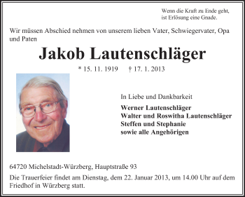 Traueranzeige von Jakob Lautenschläger von Odenwälder Echo