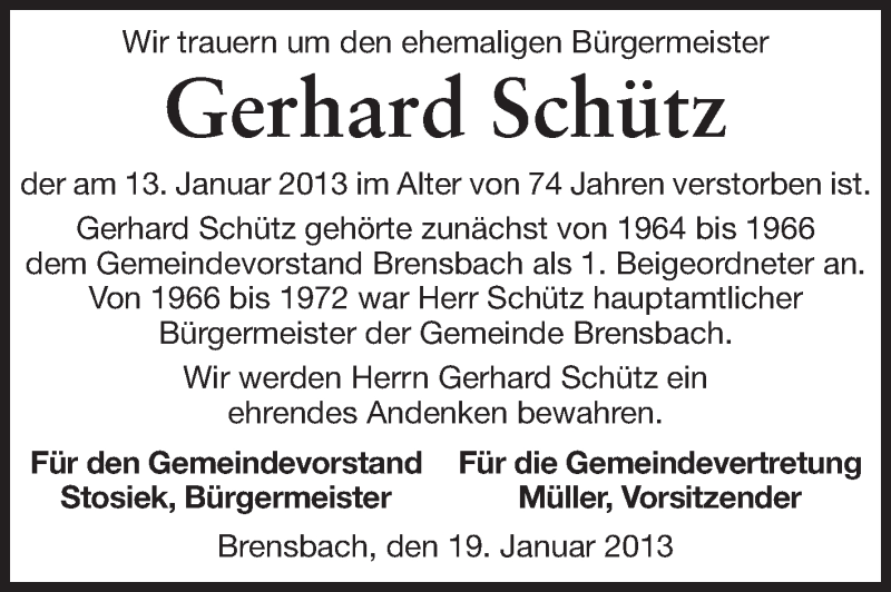  Traueranzeige für Gerhard Schütz vom 19.01.2013 aus Odenwälder Echo