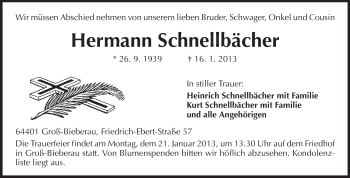 Traueranzeige von Hermann Schnellbächer von Darmstädter Echo, Odenwälder Echo, Rüsselsheimer Echo, Groß-Gerauer-Echo, Ried Echo