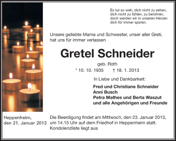 Traueranzeige von Gretel Schneider von Starkenburger Echo