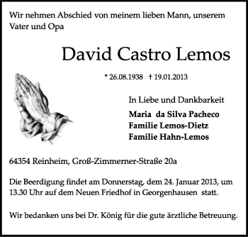 Traueranzeige von David Castro Lemos von Echo-Zeitungen (Gesamtausgabe)