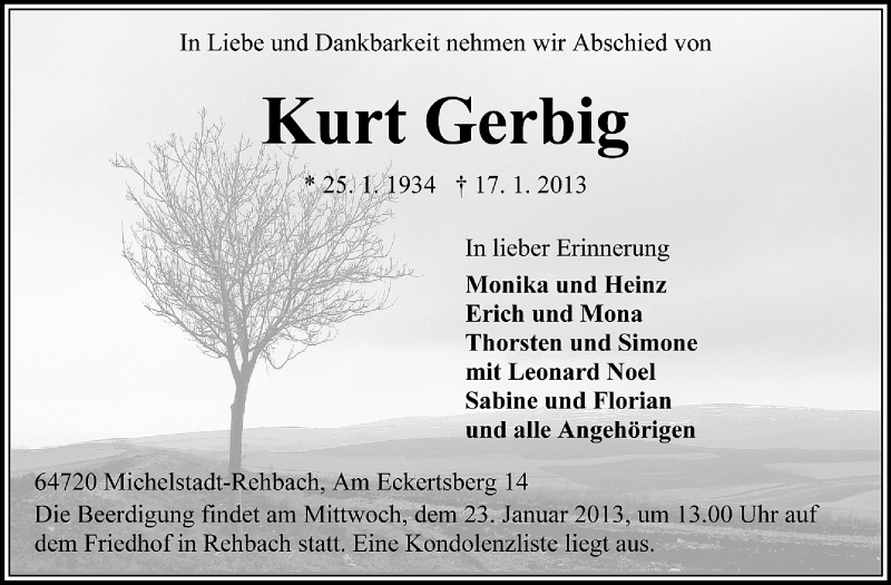  Traueranzeige für Kurt Gerbig vom 21.01.2013 aus Odenwälder Echo