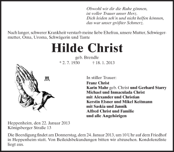 Traueranzeige von Hilde Christ von Starkenburger Echo