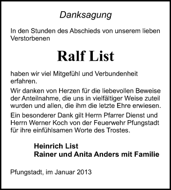 Traueranzeige von Ralf List von Echo-Zeitungen (Gesamtausgabe)