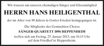Traueranzeige von Hans Heiligenthal von Starkenburger Echo