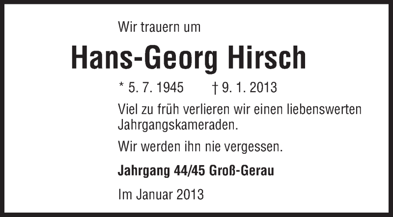  Traueranzeige für Hans-Georg Hirsch vom 22.01.2013 aus Rüsselsheimer Echo, Groß-Gerauer-Echo, Ried Echo