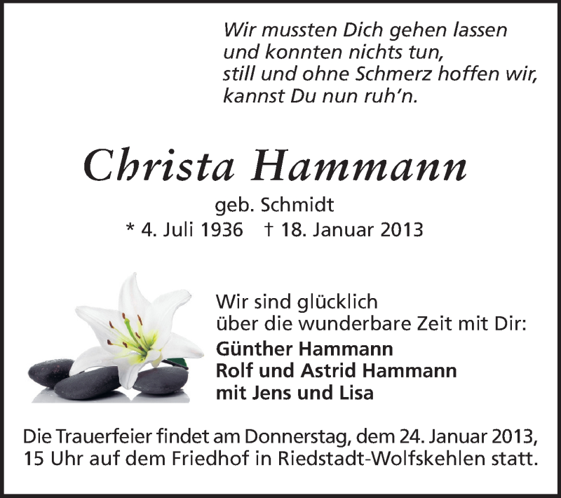  Traueranzeige für Christa Hammann vom 22.01.2013 aus Rüsselsheimer Echo, Groß-Gerauer-Echo, Ried Echo