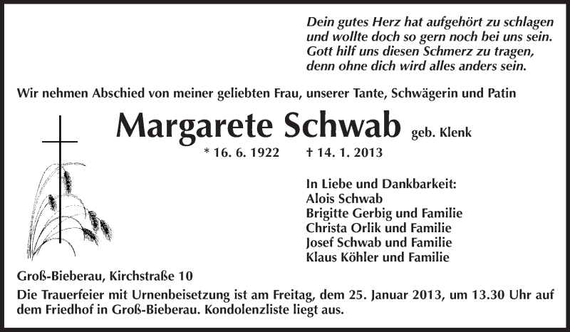  Traueranzeige für Margarete Schwab vom 24.01.2013 aus Echo-Zeitungen (Gesamtausgabe)