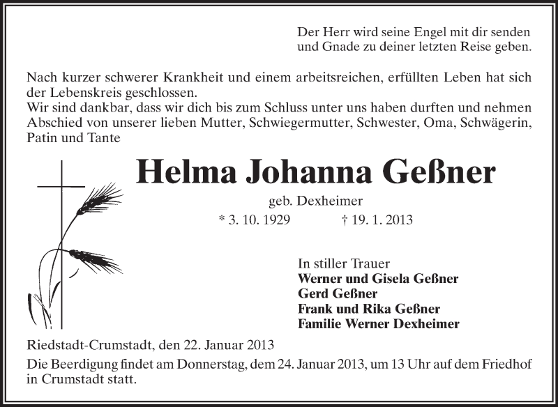  Traueranzeige für Helma Johanna Geßner vom 22.01.2013 aus Rüsselsheimer Echo, Groß-Gerauer-Echo, Ried Echo