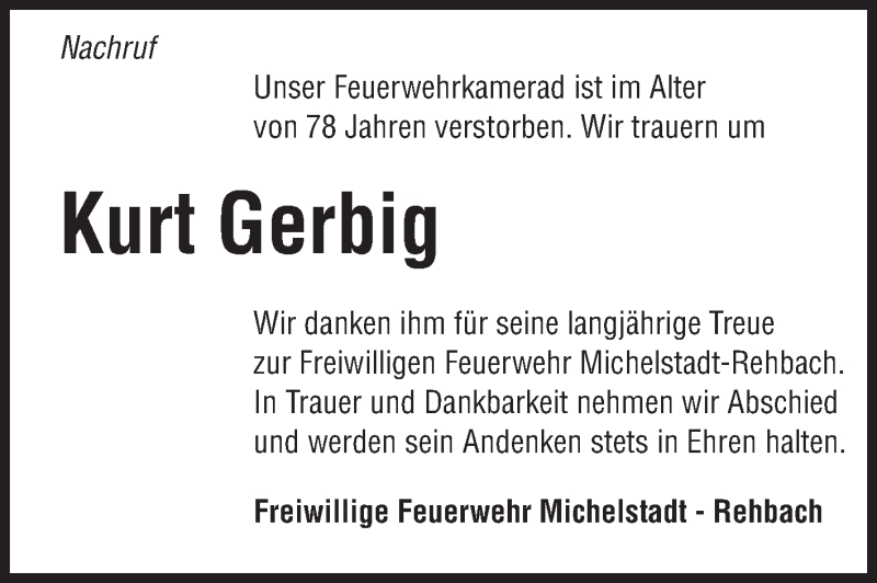  Traueranzeige für Kurt Gerbig vom 22.01.2013 aus Odenwälder Echo