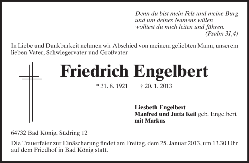  Traueranzeige für Friedrich Engelbert vom 23.01.2013 aus Odenwälder Echo