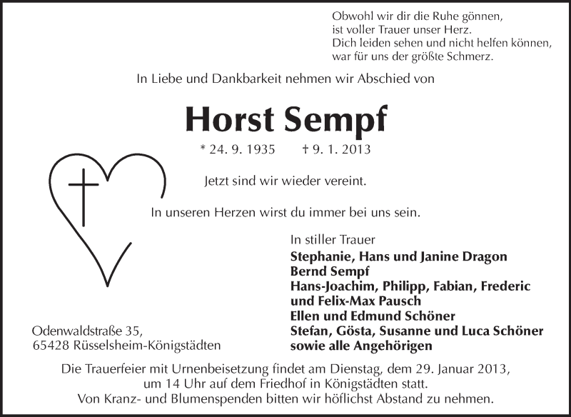  Traueranzeige für Horst Sempf vom 26.01.2013 aus Rüsselsheimer Echo, Groß-Gerauer-Echo, Ried Echo