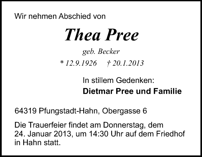  Traueranzeige für Thea Pree vom 23.01.2013 aus Echo-Zeitungen (Gesamtausgabe)