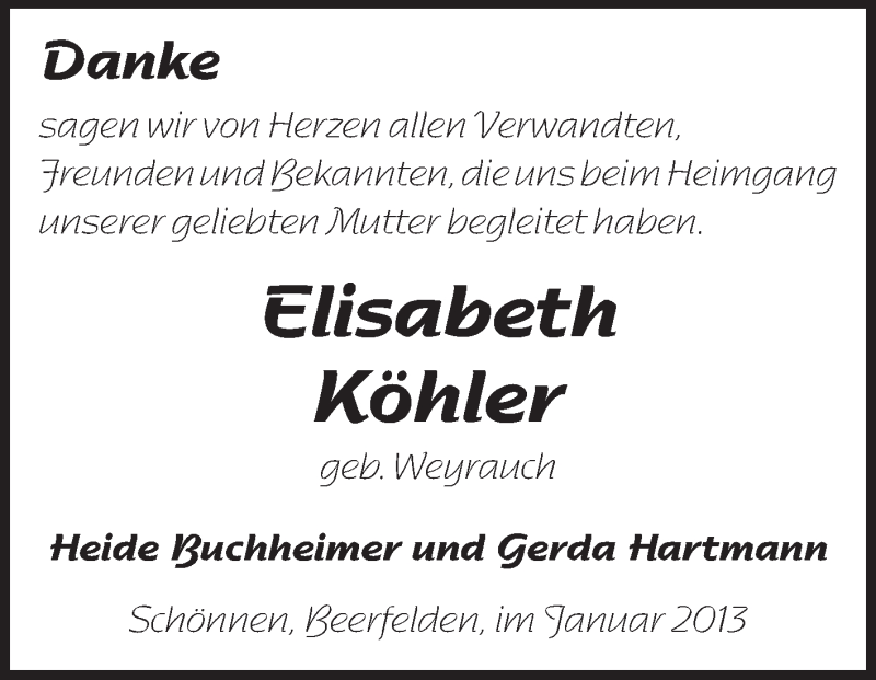  Traueranzeige für Elisabeth Köhler vom 25.01.2013 aus Odenwälder Echo