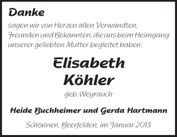 Traueranzeige von Elisabeth Köhler von Odenwälder Echo