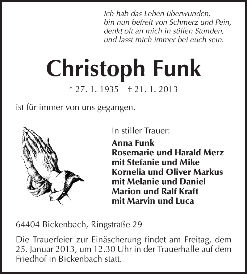  Traueranzeige für Christoph Funk vom 23.01.2013 aus Echo-Zeitungen (Gesamtausgabe)