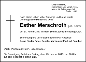 Traueranzeige von Esther Merschroth von Echo-Zeitungen (Gesamtausgabe)