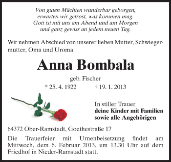 Traueranzeige von Anna Bombala von Echo-Zeitungen (Gesamtausgabe)