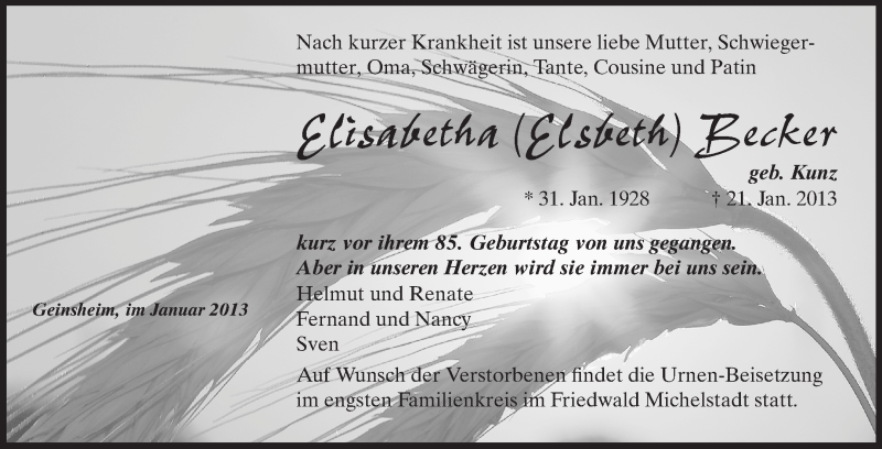  Traueranzeige für Elisabetha Becker vom 24.01.2013 aus Rüsselsheimer Echo, Groß-Gerauer-Echo, Ried Echo