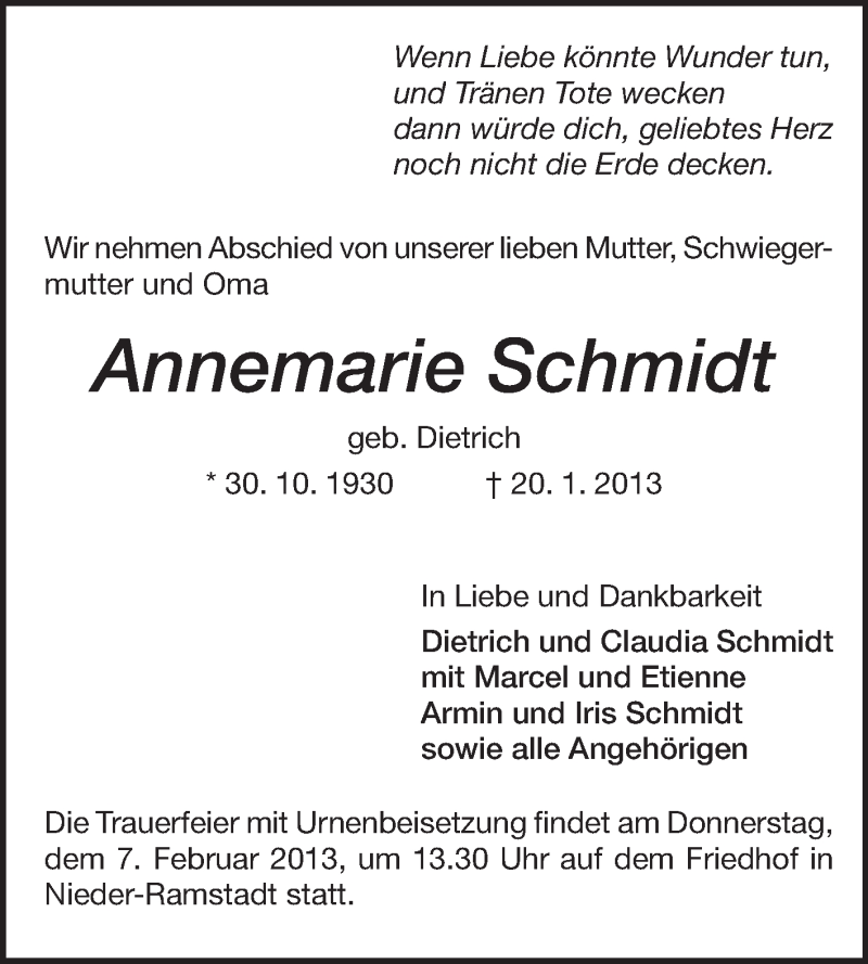  Traueranzeige für Annemarie Schmidt vom 02.02.2013 aus Echo-Zeitungen (Gesamtausgabe)