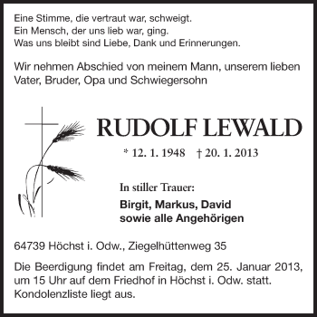 Traueranzeige von Rudolf Lewald von Odenwälder Echo