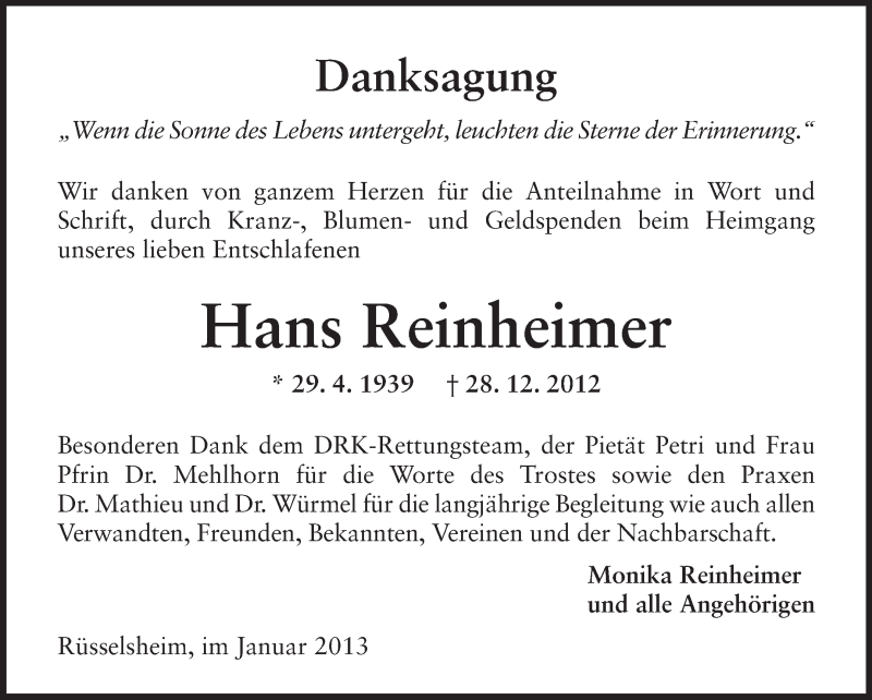  Traueranzeige für Hans Reinheimer vom 26.01.2013 aus Rüsselsheimer Echo, Groß-Gerauer-Echo, Ried Echo