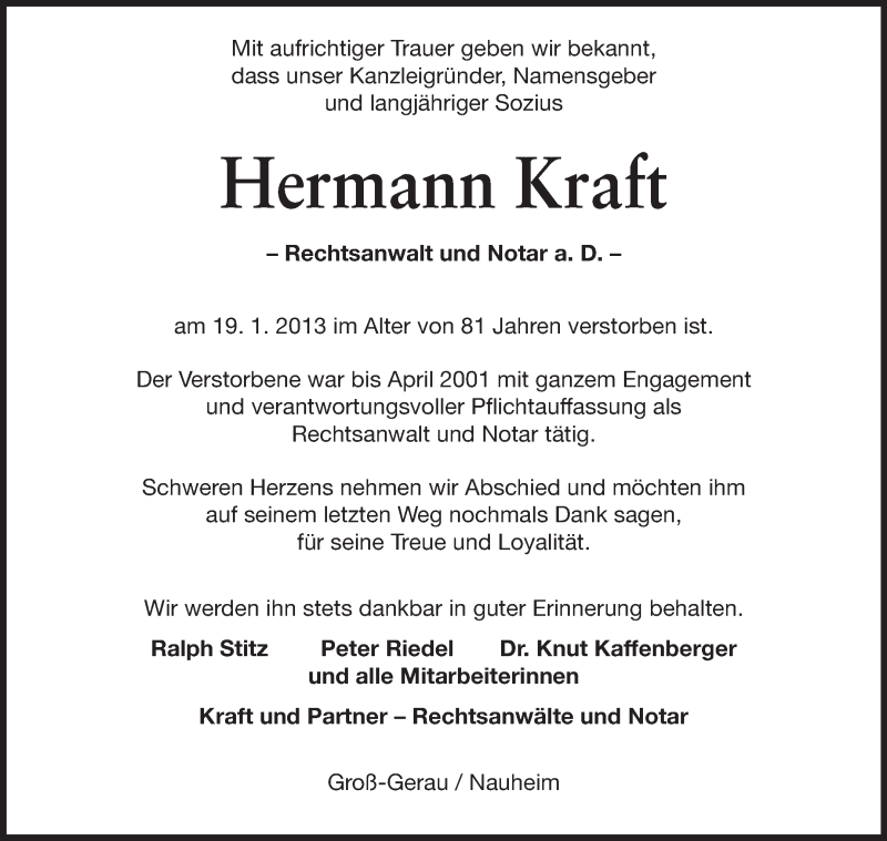  Traueranzeige für Hermann Kraft vom 26.01.2013 aus Echo-Zeitungen (Gesamtausgabe)